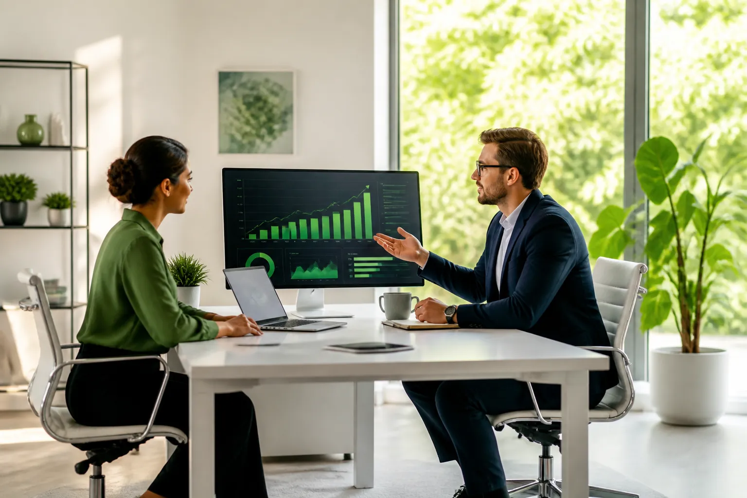 Two strategists collaborating on an AI marketing growth plan